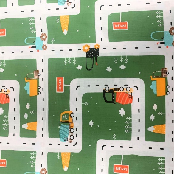 Cotton Fabric - Cars and Street Green