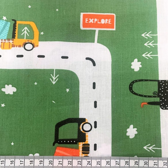 Cotton Fabric - Cars and Street Green