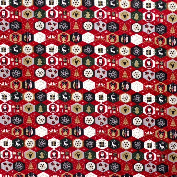 Premium Cotton - Christmas Patchwork Hexagon Red