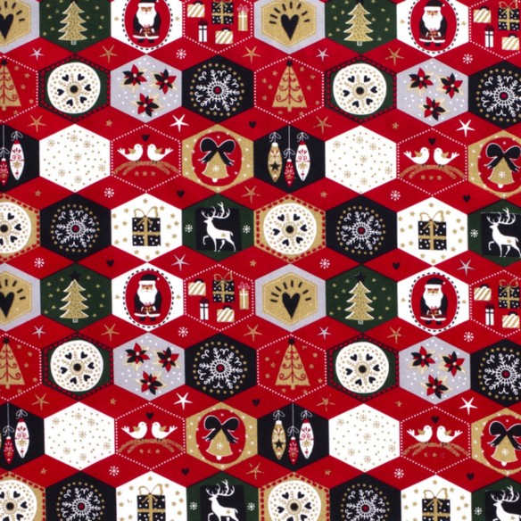 Premium Cotton - Christmas Patchwork Hexagon Red