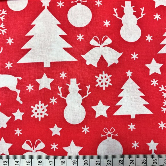 Cotton Fabric - Christmas Tree Reindeer Bell Red