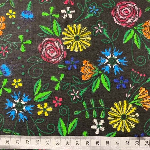 Cotton Fabric - Folk Flowers on Black