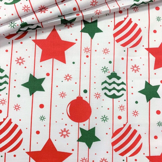 Cotton Fabric - Christmas Balls on a Line Red-Green