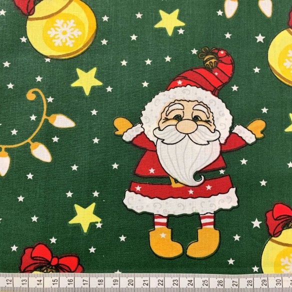 Cotton Fabric - Christmas Santa Claus and Christmas Lights Green