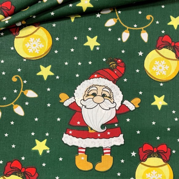 Bavlnená látka - vianočný Mikuláš a vianočné svetielka zelená