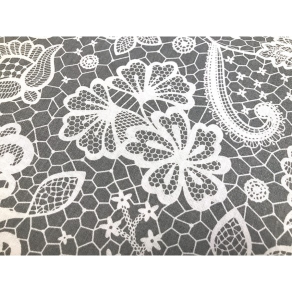 Cotton Fabric - White Lace on Grey