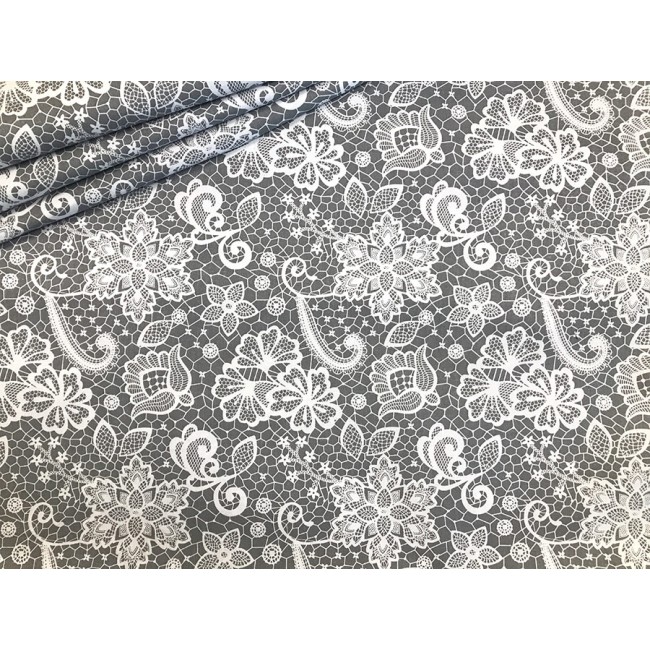 Cotton Fabric - White Lace on Grey