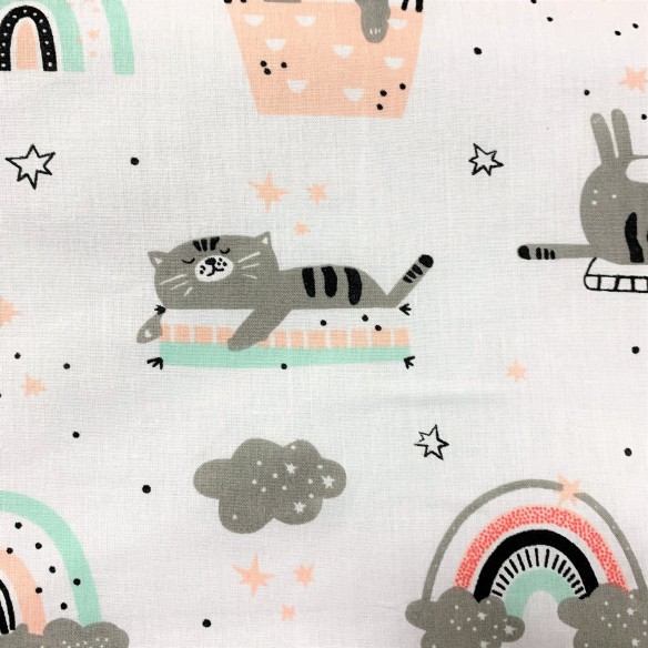 Cotton Fabric - Cats and Rainbows Pink