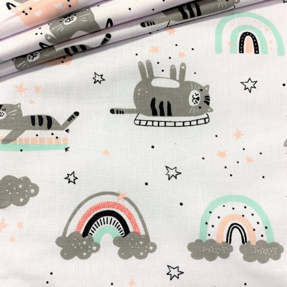 Cotton Fabric - Cats and Rainbows Pink