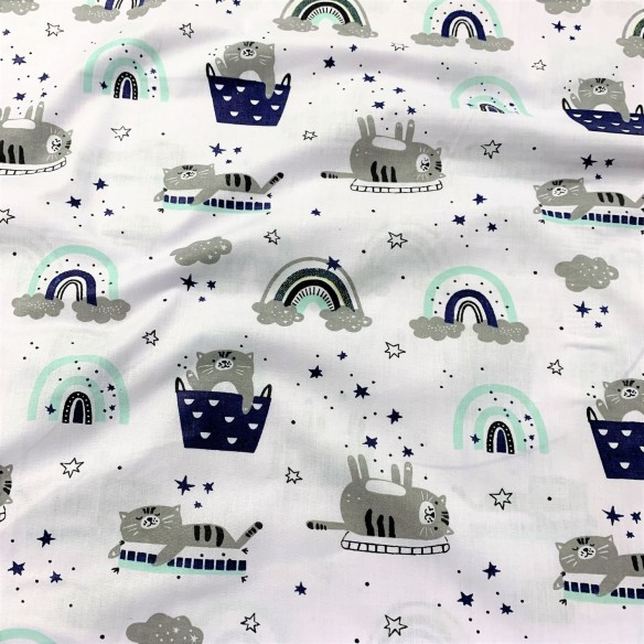 Cotton Fabric - Cats and Rainbows Mint