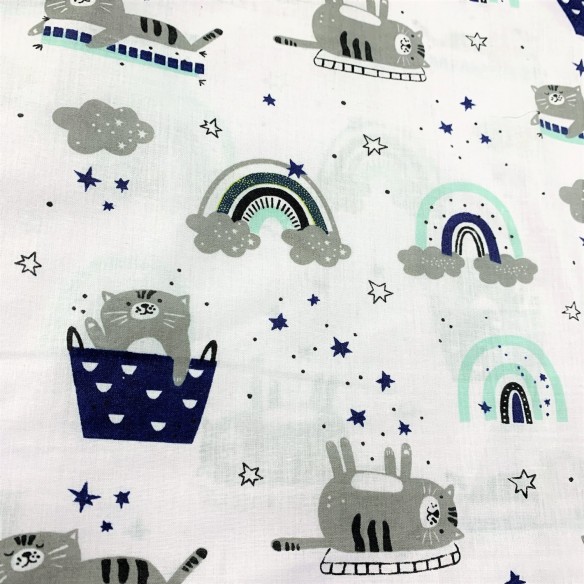 Cotton Fabric - Cats and Rainbows Mint