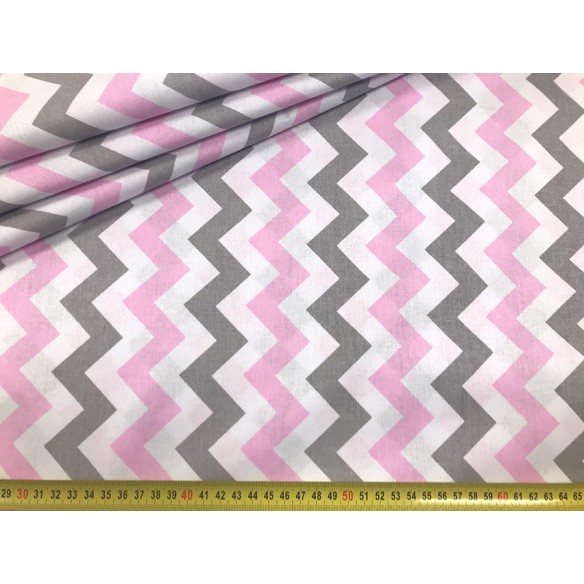 Cotton Fabric - Pink-Grey Zigzag