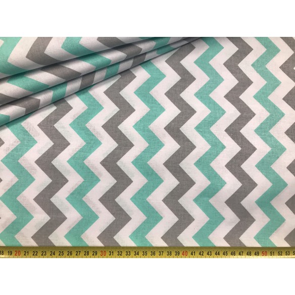 Cotton Fabric - Mint-Grey Zigzag