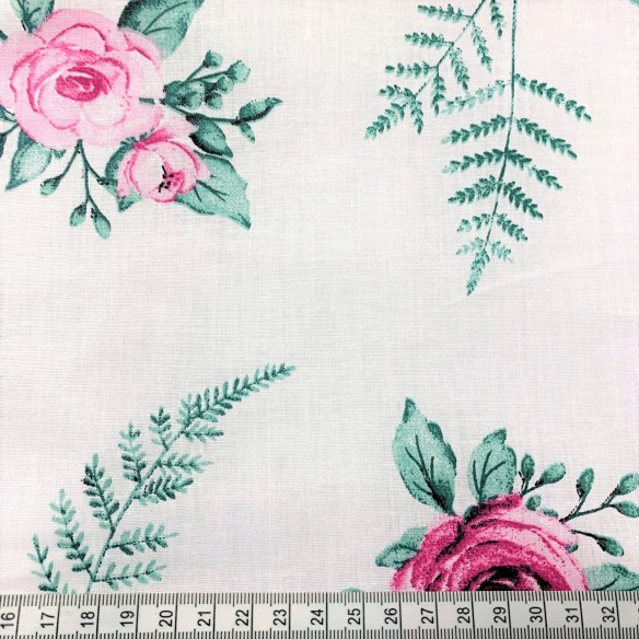 Cotton Fabric - Pink Roses with Fern