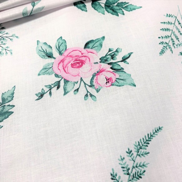 Cotton Fabric - Pink Roses with Fern