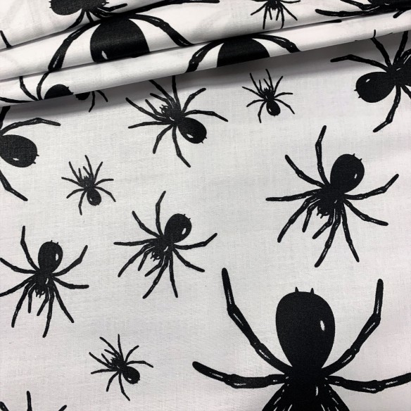 Cotton Fabric - Black Spiders on White
