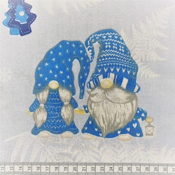 Bavlnená látka - Vianočná modrá Gnómovia a korčule