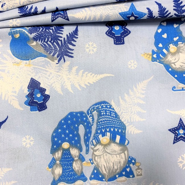 Bavlnená látka - Vianočná modrá Gnómovia a korčule