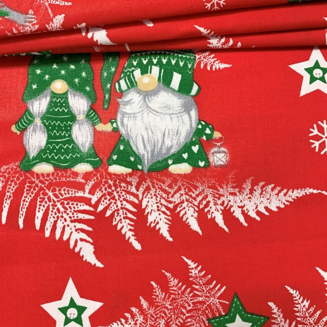 Cotton Fabric - Christmas Red Gnomes and skates