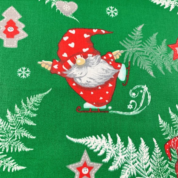 Cotton Fabric - Christmas Green Gnomes and skates