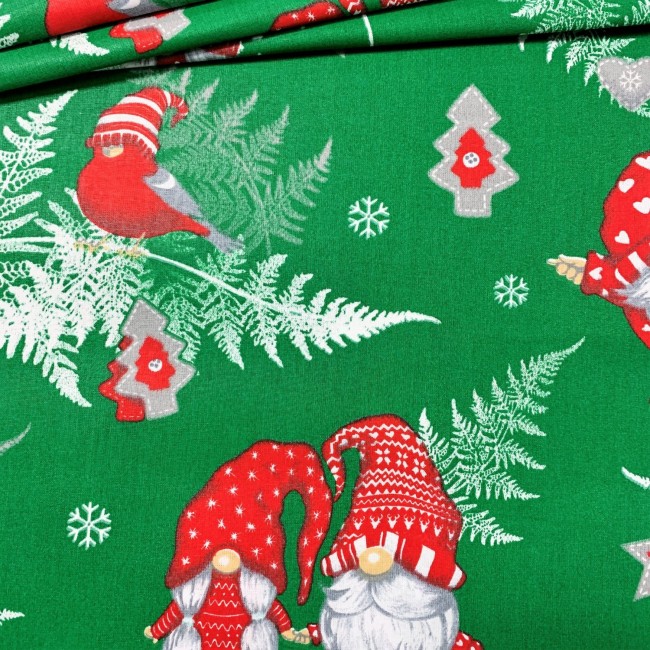 Cotton Fabric - Christmas Green Gnomes and skates