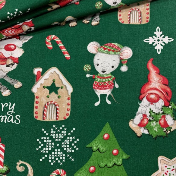 Cotton Fabric - Christmas Iced cottage green