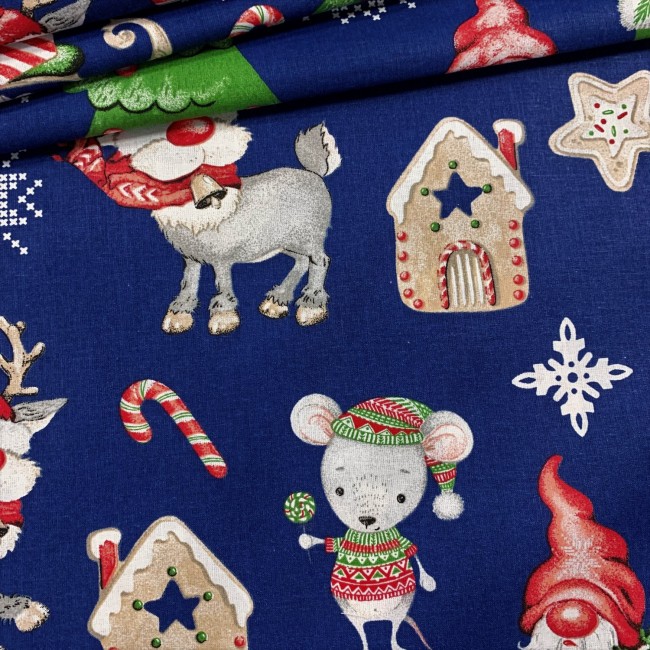 Cotton Fabric - Christmas Iced cottage navy blue
