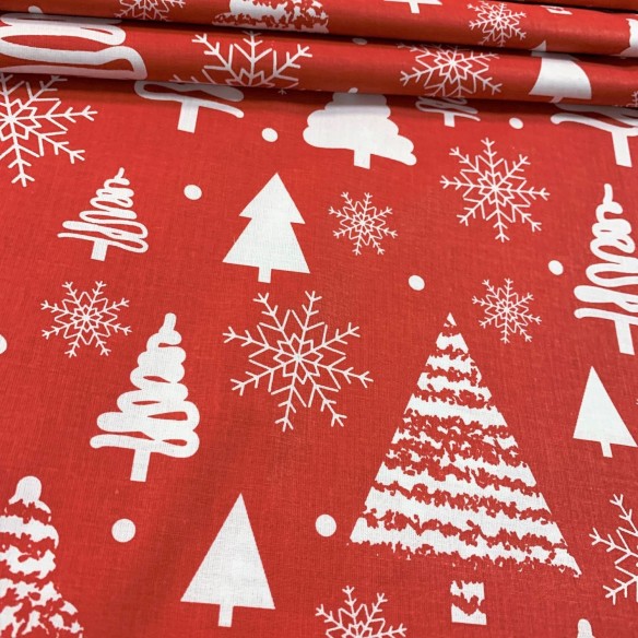 Cotton Fabric - Christmas Trees White on Red