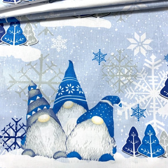 Bavlnená látka - Vianoční trpaslíci a snehové vločky modrá