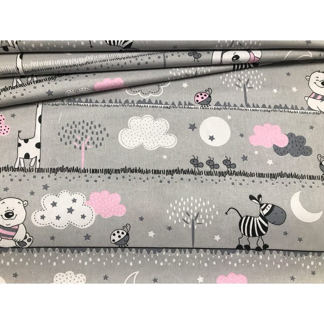Cotton Fabric - Bears and Zebras on a Line Pink