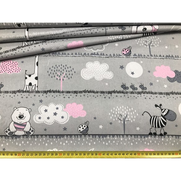 Cotton Fabric - Bears and Zebras on a Line Pink