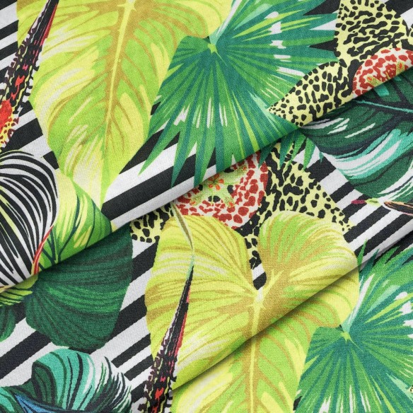 Water Resistant Fabric Oxford - Monstera Palm Leaves Stripes