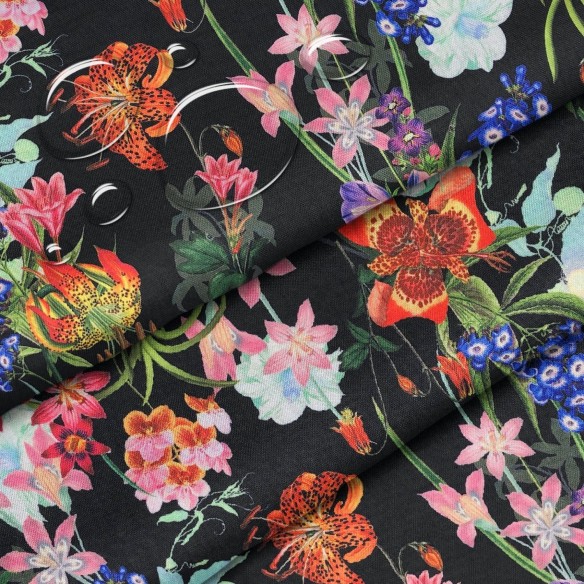 Vodeodolná tkanina Oxford - čierna kvetinová zmes
