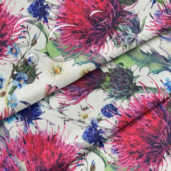 Water Resistant Fabric Oxford - White Thistles