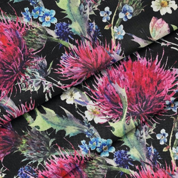 Water Resistant Fabric Oxford - Black Thistles
