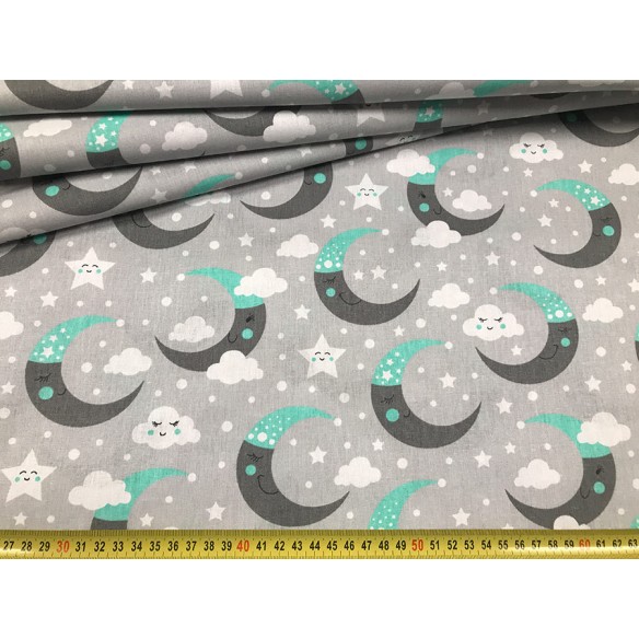 Cotton Fabric - Moons and Clouds Mint
