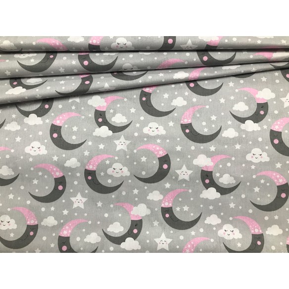 Cotton Fabric - Moons and Clouds Pink