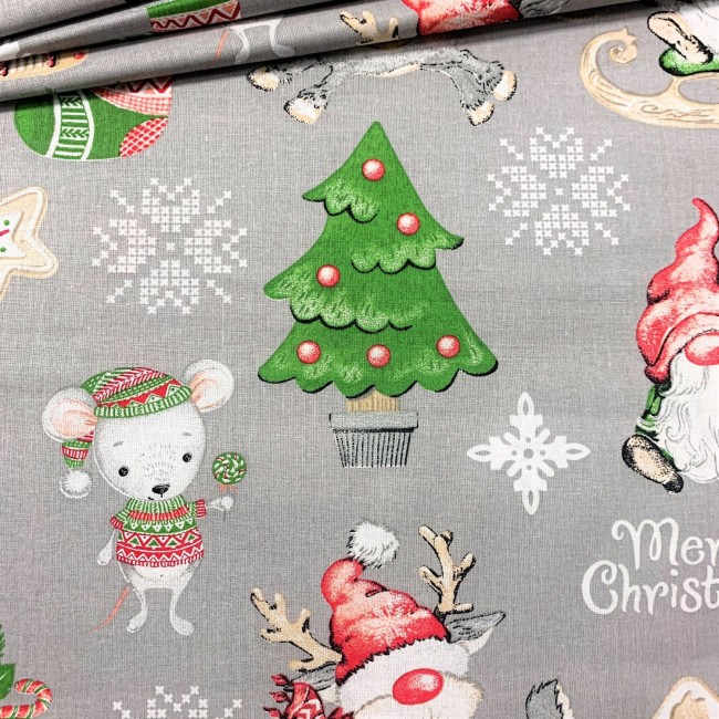 Cotton Fabric - Christmas Iced cottage grey