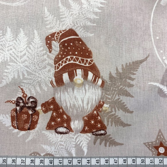Cotton Fabric - Christmas Beige Gnomes and skates