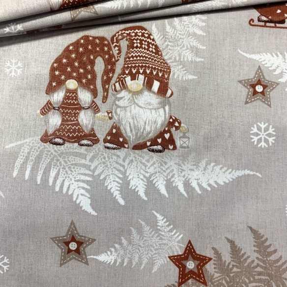 Cotton Fabric - Christmas Beige Gnomes and skates