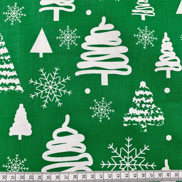 Katoenstof - Kerstbomen Wit op Groen