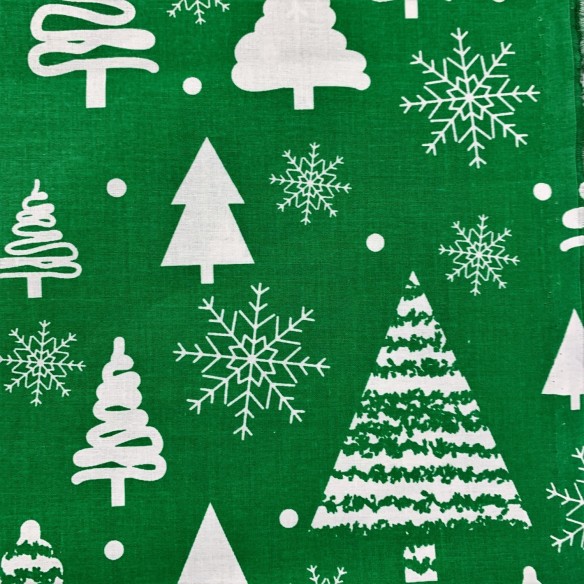 Katoenstof - Kerstbomen Wit op Groen