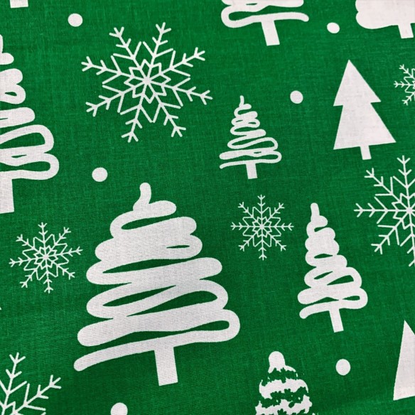 Bavlněná látka - vánoční stromky bílá na zelené