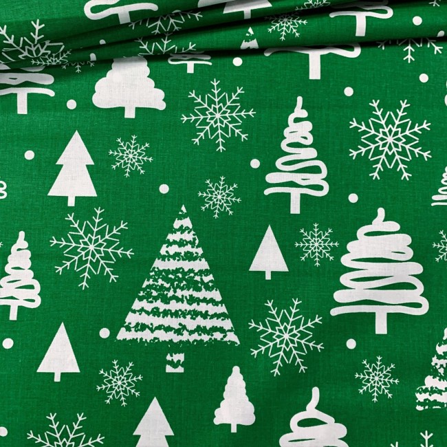 Bavlněná látka - vánoční stromky bílá na zelené
