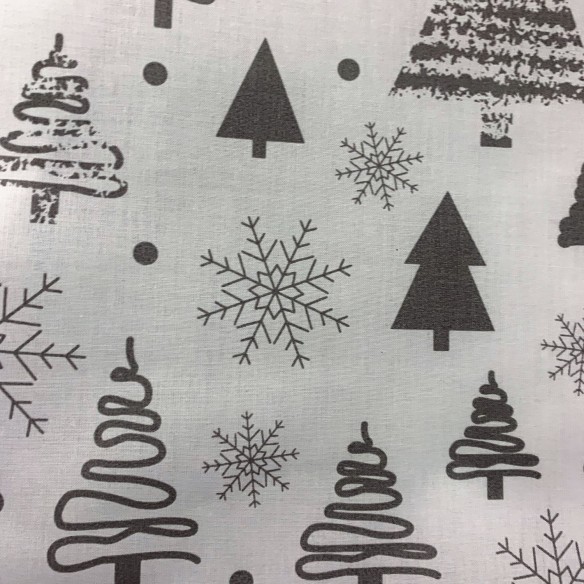 Cotton Fabric - Christmas Trees Grey on White