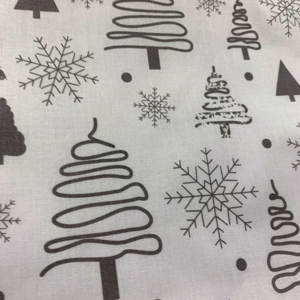 Cotton Fabric - Christmas Trees Grey on White