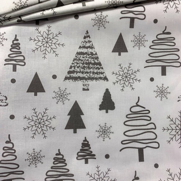 Bavlnená látka - Vianočné stromčeky sivá na bielej