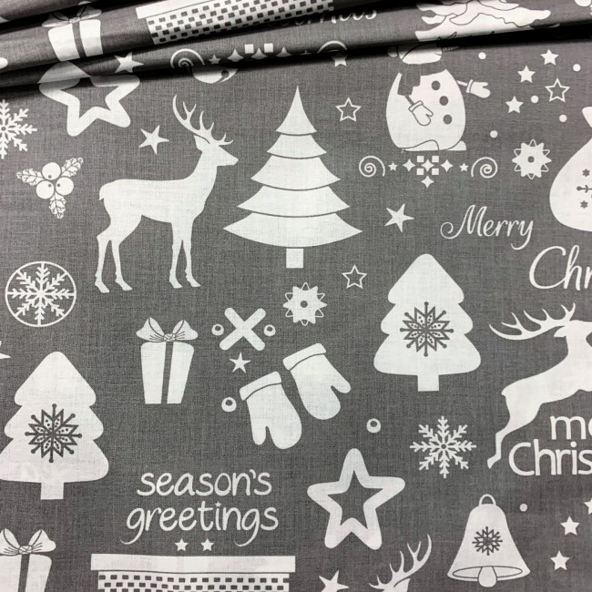 Cotton Fabric - Merry Christmas Grey