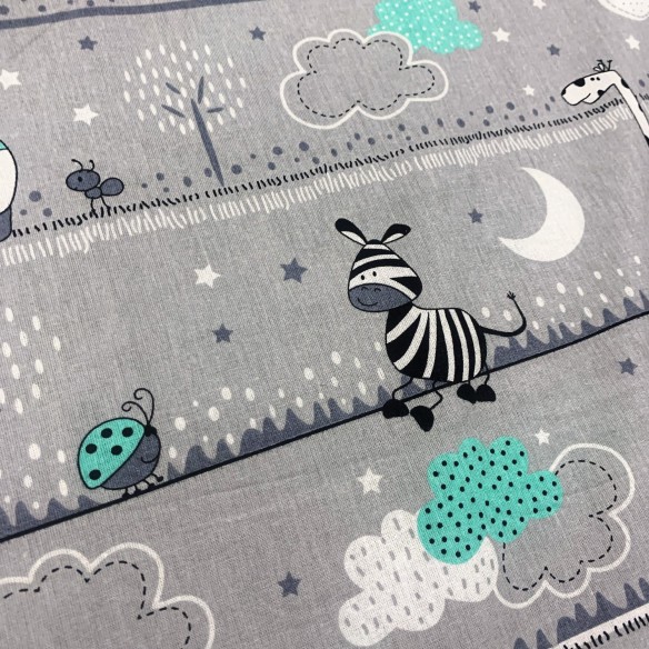Cotton Fabric - Bears and Zebras on a Line Mint