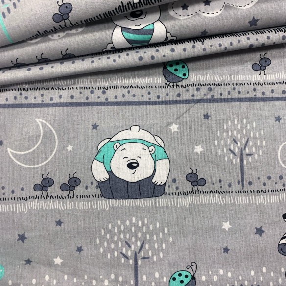 Cotton Fabric - Bears and Zebras on a Line Mint